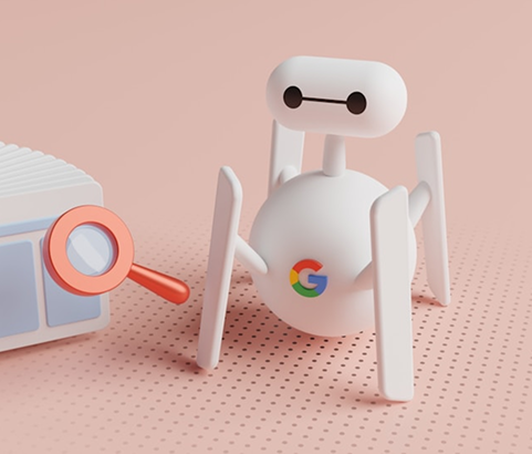 3D ilustrácia bieleho robota s logom Google, ktorý analyzuje dáta pomocou lupy.