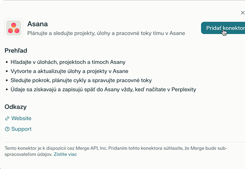 Informačné okno o integrácii nástroja Asana v rozhraní Perplexity.