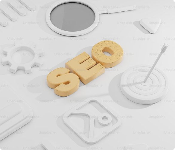 3D ilustrácia nápisu SEO s ikonami lupy, cieľa a ozubeného kolesa.